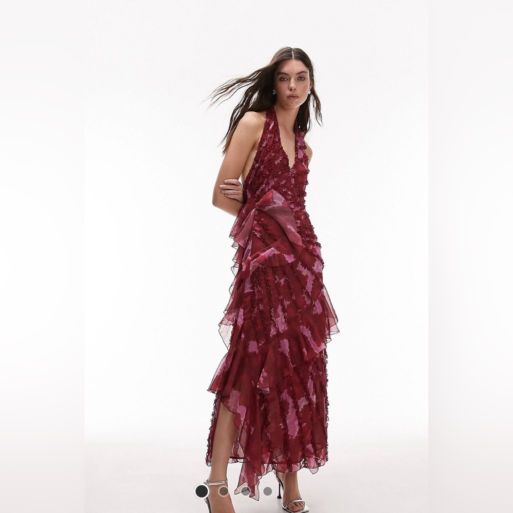 Topshop ruffle detail halterneck midi dress in pink print - size 6